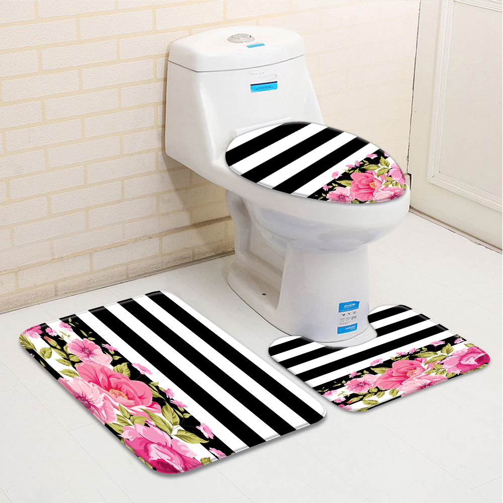 핑크 장미 꽃 블랙 화이트 스트라이프 3 개 변기 커버 미끄럼 방지 매트 목욕 러그 시트 러그 카펫 액세서리 욕실 장식